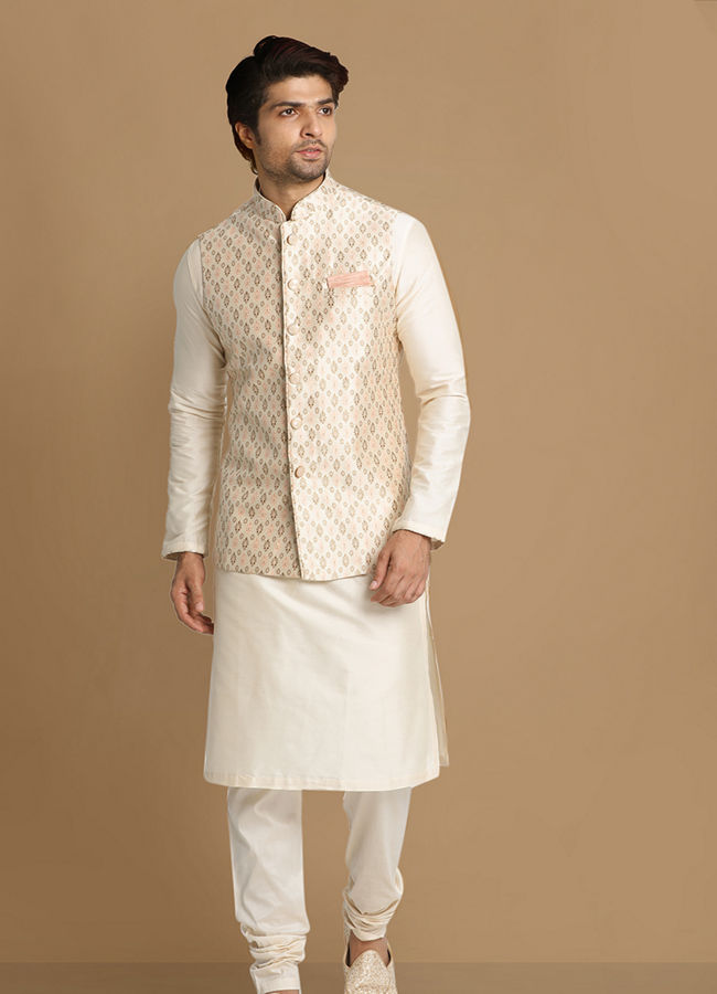 Ivory Festive Kurta Jacket With Printed Motifs image number 1